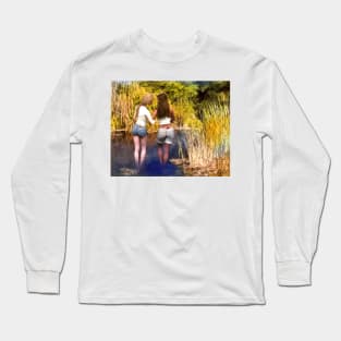 Two women girls wading in pond zen yoga buddhism Long Sleeve T-Shirt